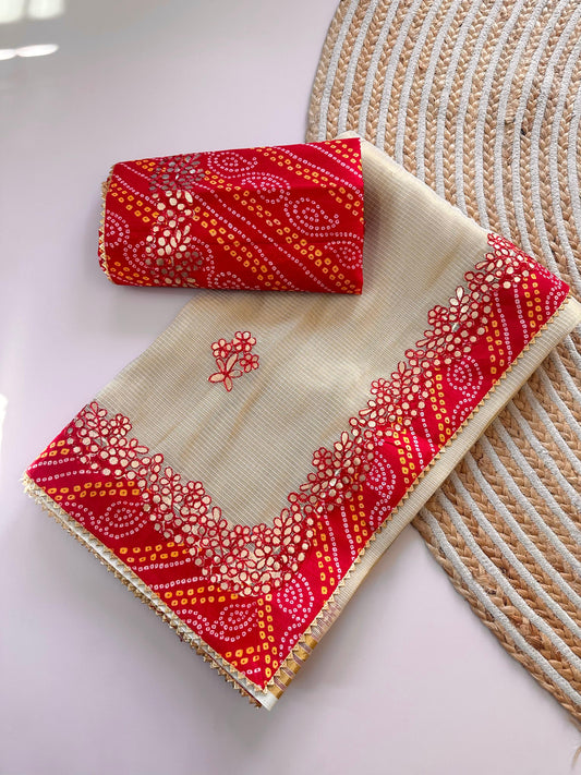 Kayatri New Premium Kota Doriya Saree with Zari Checks, Hand Gota Patti Work & Bandhani Blouse