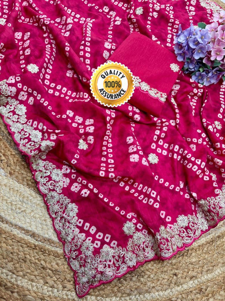 Kayatri New Crepe Silk Bandhani Print Cutwork Border Saree