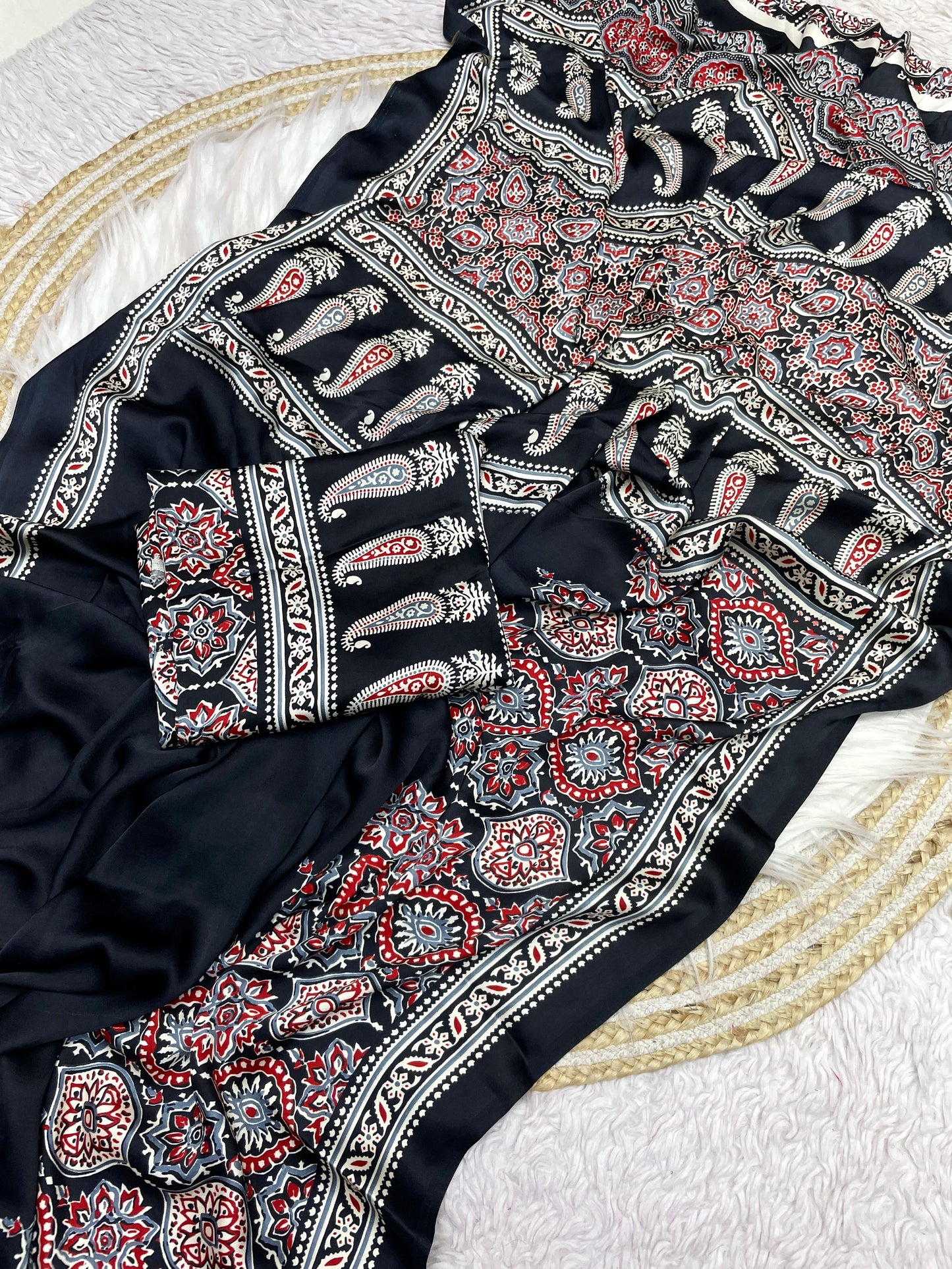 Kayatri New Pure Crape Satin Ajrakh Printed Saree