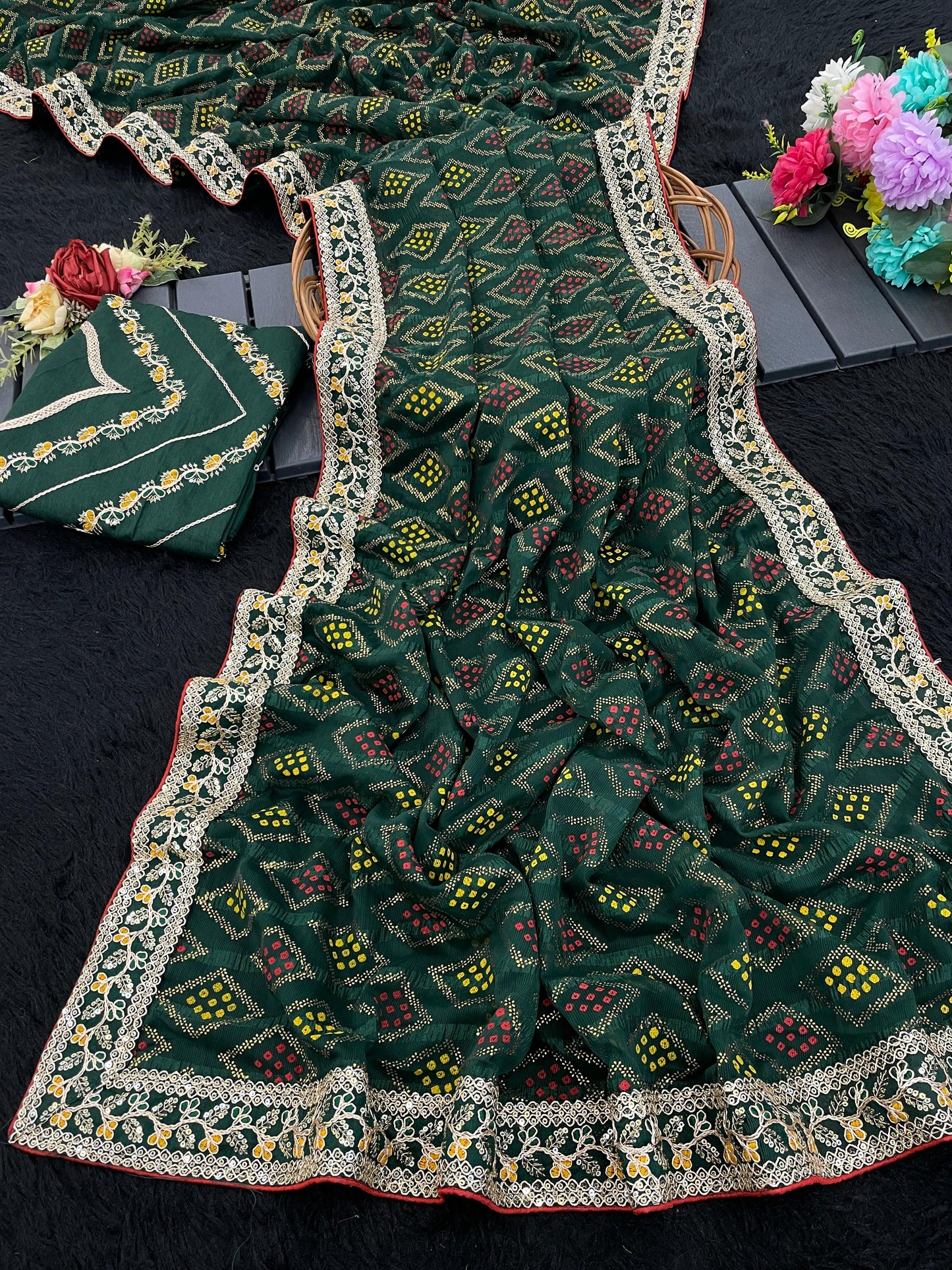 Kayatri New Elegant Bandhej Chex Cotton Silk Saree with Stylish Border & Pallu