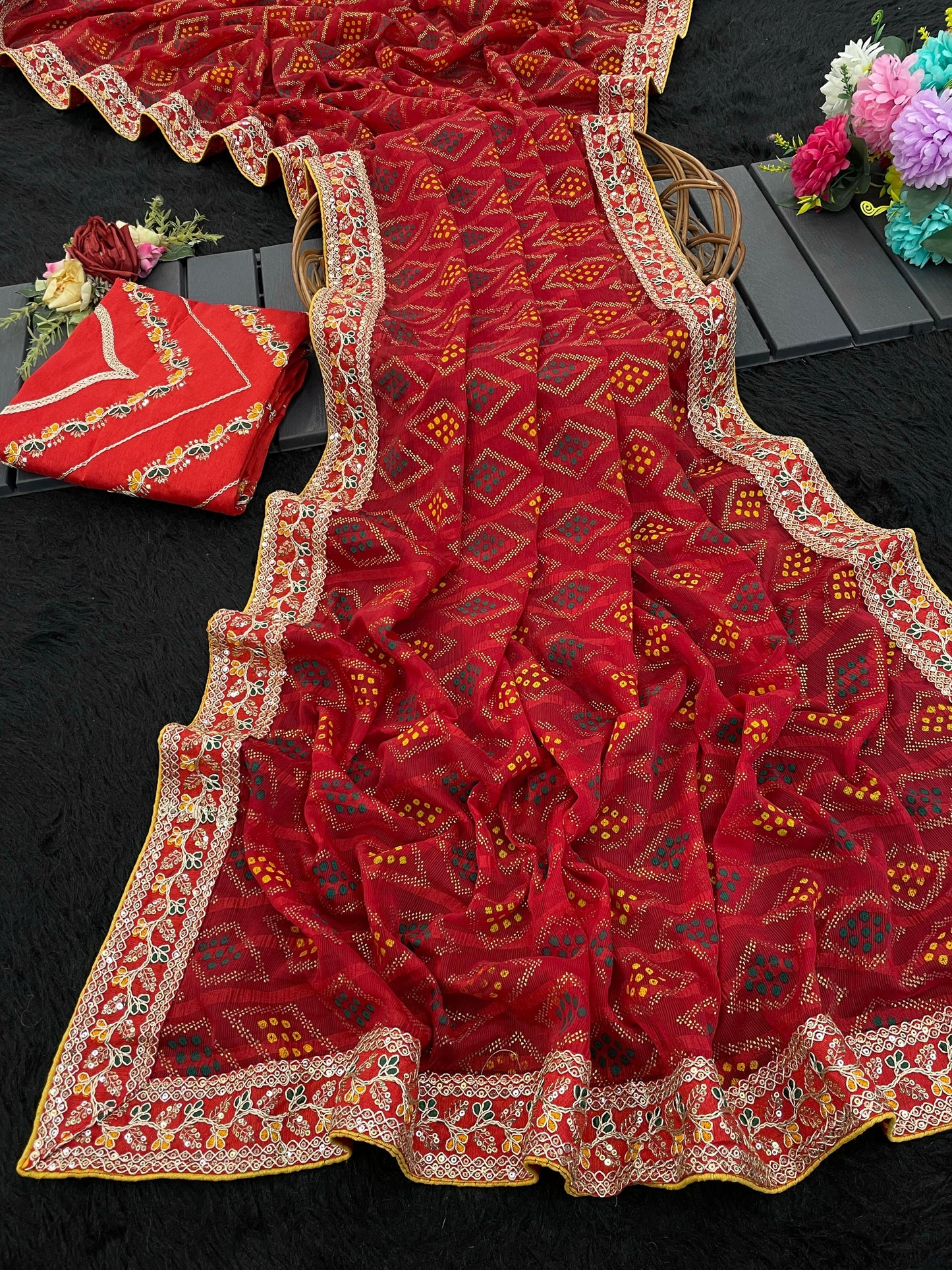 Kayatri New Elegant Bandhej Chex Cotton Silk Saree with Stylish Border & Pallu