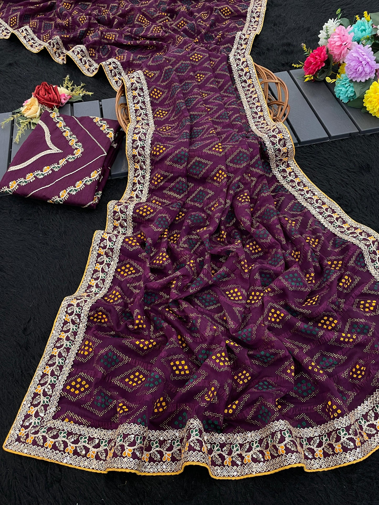 Kayatri New Elegant Bandhej Chex Cotton Silk Saree with Stylish Border & Pallu