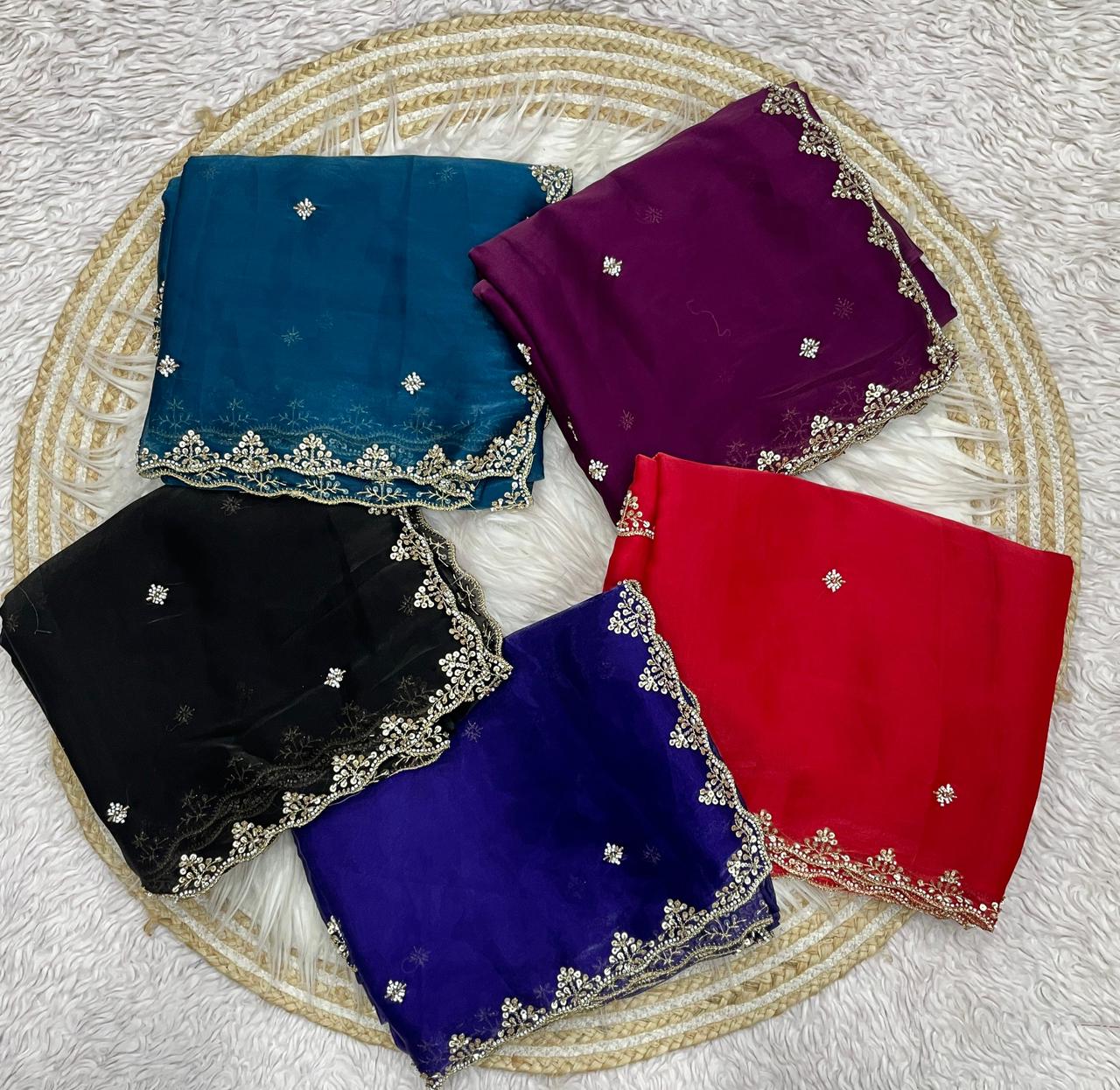 Kayatri New  Zimmy Choo Sattan Saree With Beautiful C - pallu Brits Work
