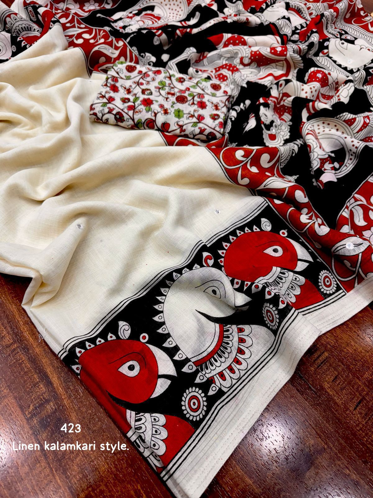 Kayatri New ivory linen printed saree With gala style kalamkari prints