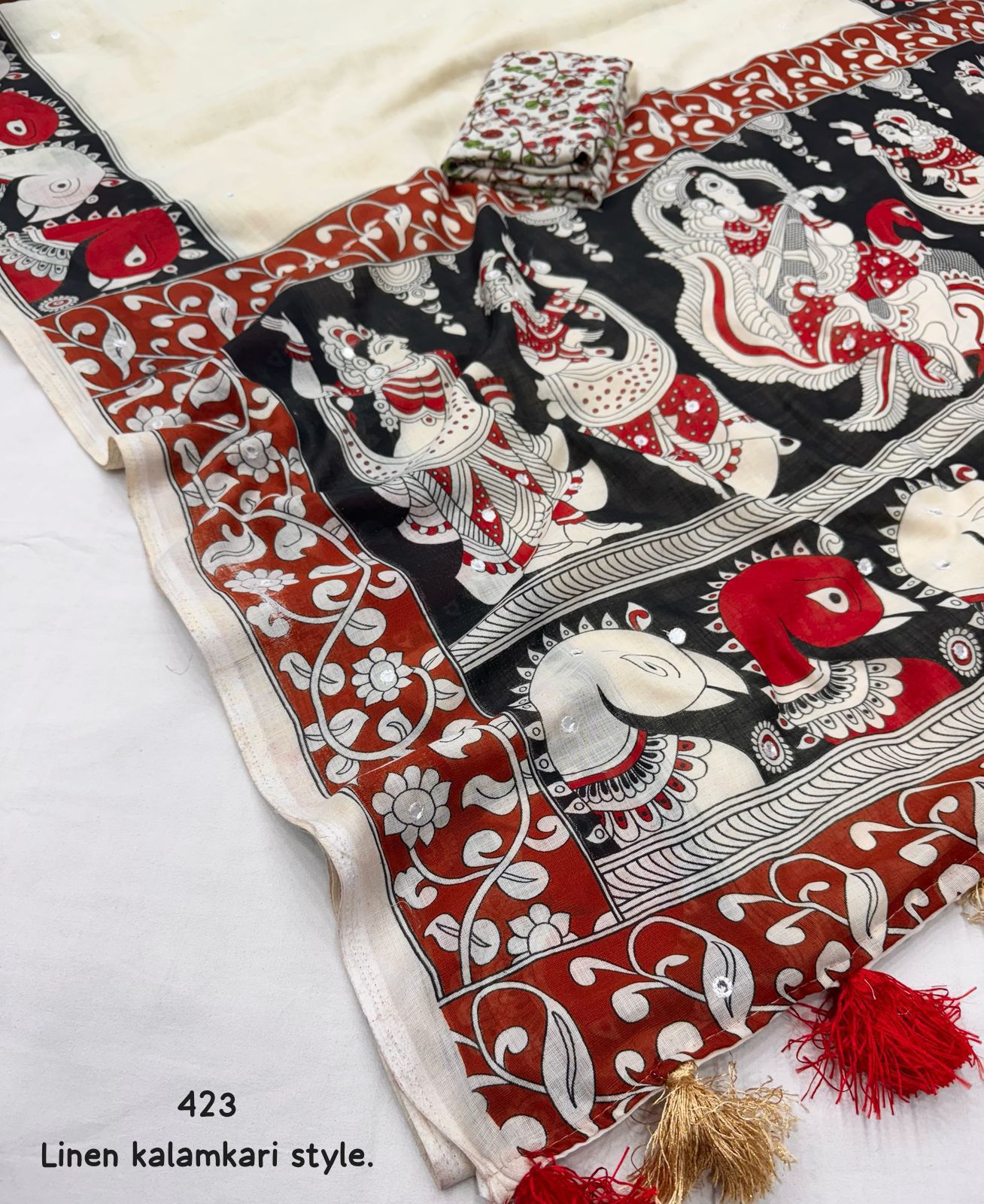 Kayatri New ivory linen printed saree With gala style kalamkari prints
