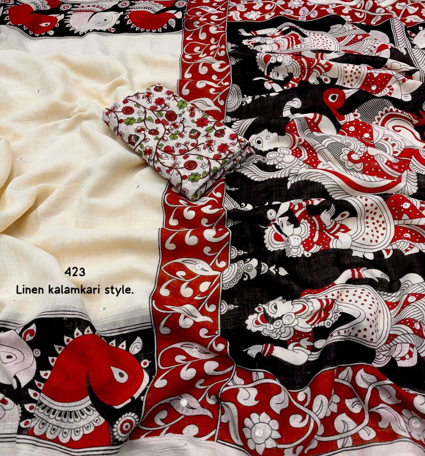 Kayatri New ivory linen printed saree With gala style kalamkari prints