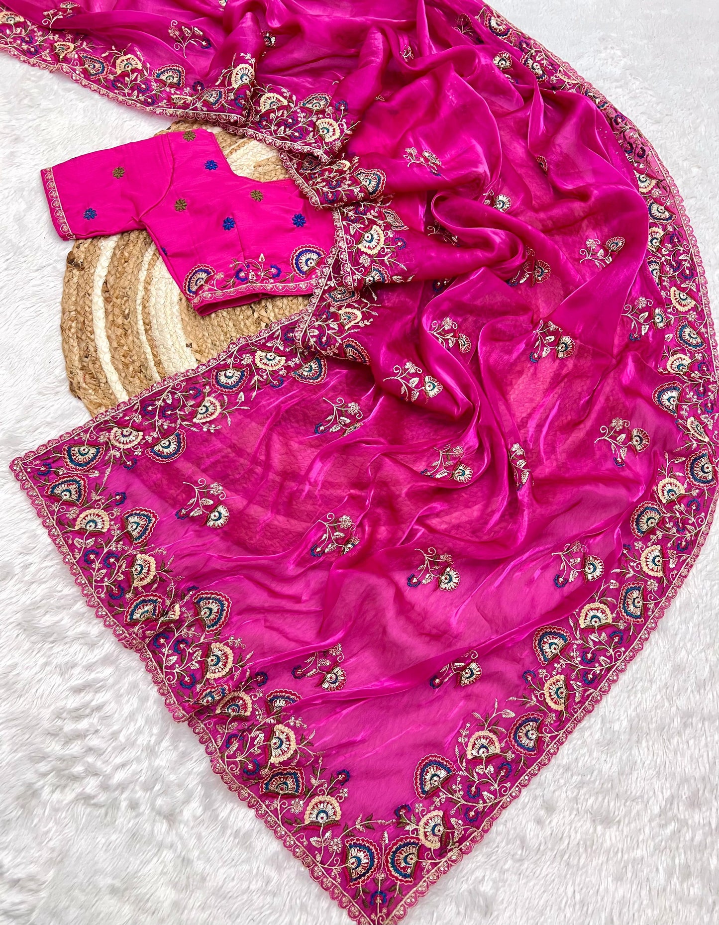 Kayatri New Shinning pure crystal silk Jimmy choo sarees  with seqnce & zari n Flower malti embroidered all over saree
