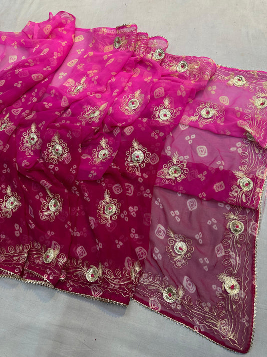 Kayatri New 60 GSM Georgette Bandhej Saree with Elegant Pittan Gota Work