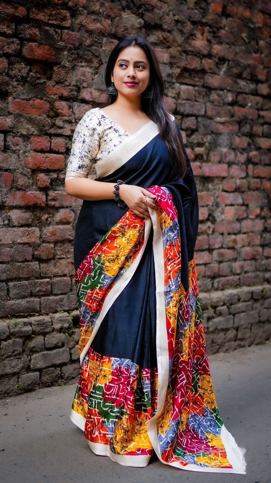 Kayatri New Fancy Black Pashmina Silk Saree with Zari Pattu Border & Contrast Blouse