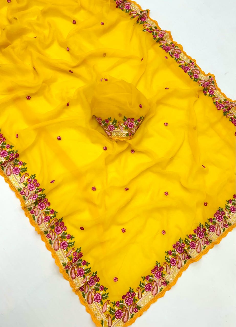 Kayatri New Pure Chiffon Saree with Floral Embroidery & Scallop Border