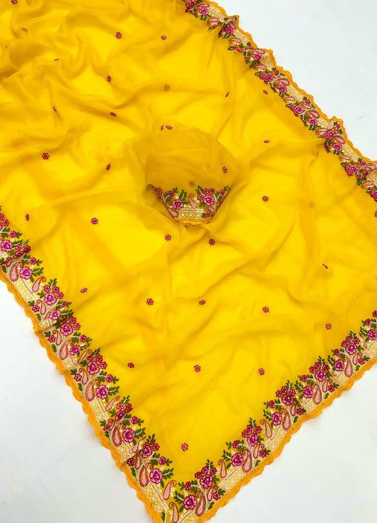 Kayatri New Pure Chiffon Saree with Floral Embroidery & Scallop Border