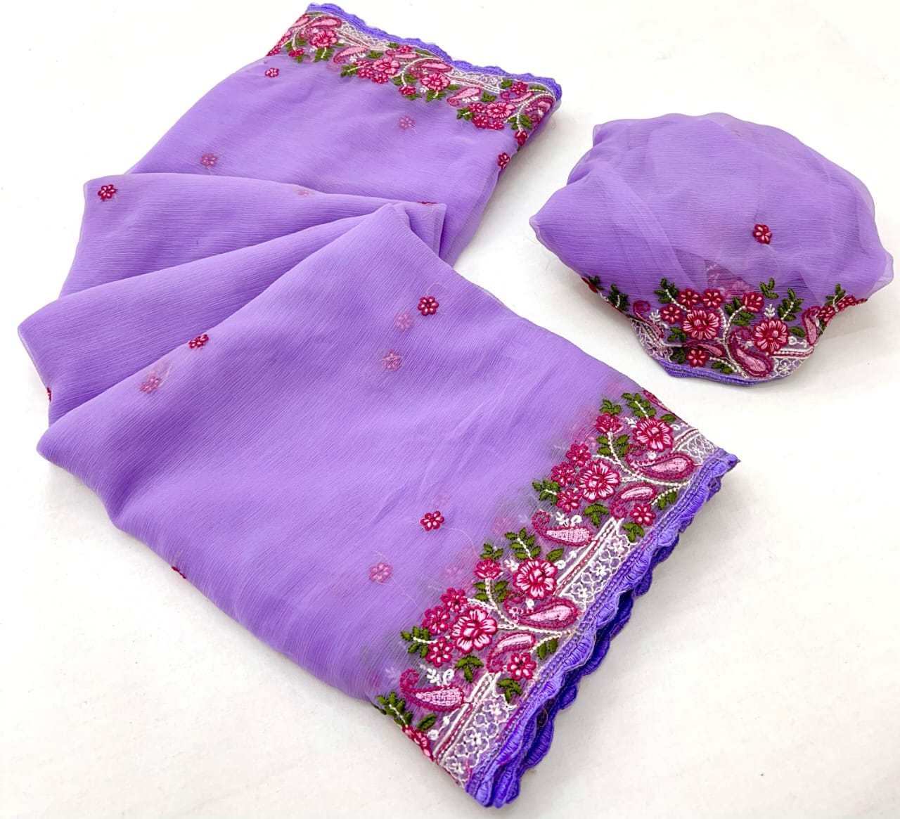 Kayatri New Pure Chiffon Saree with Floral Embroidery & Scallop Border