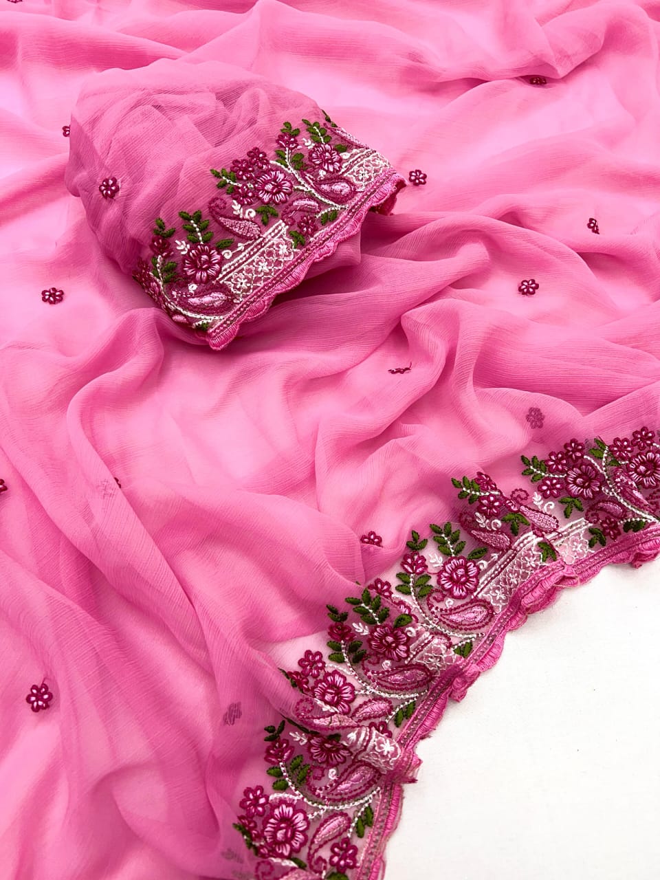 Kayatri New Pure Chiffon Saree with Floral Embroidery & Scallop Border