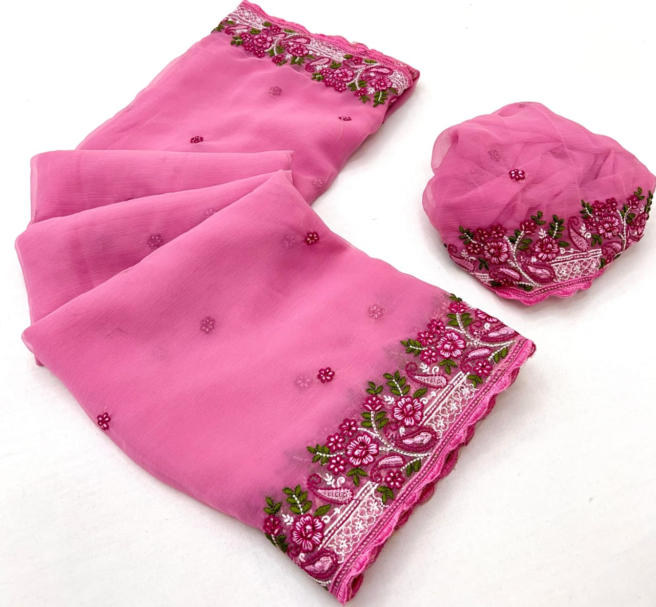 Kayatri New Pure Chiffon Saree with Floral Embroidery & Scallop Border