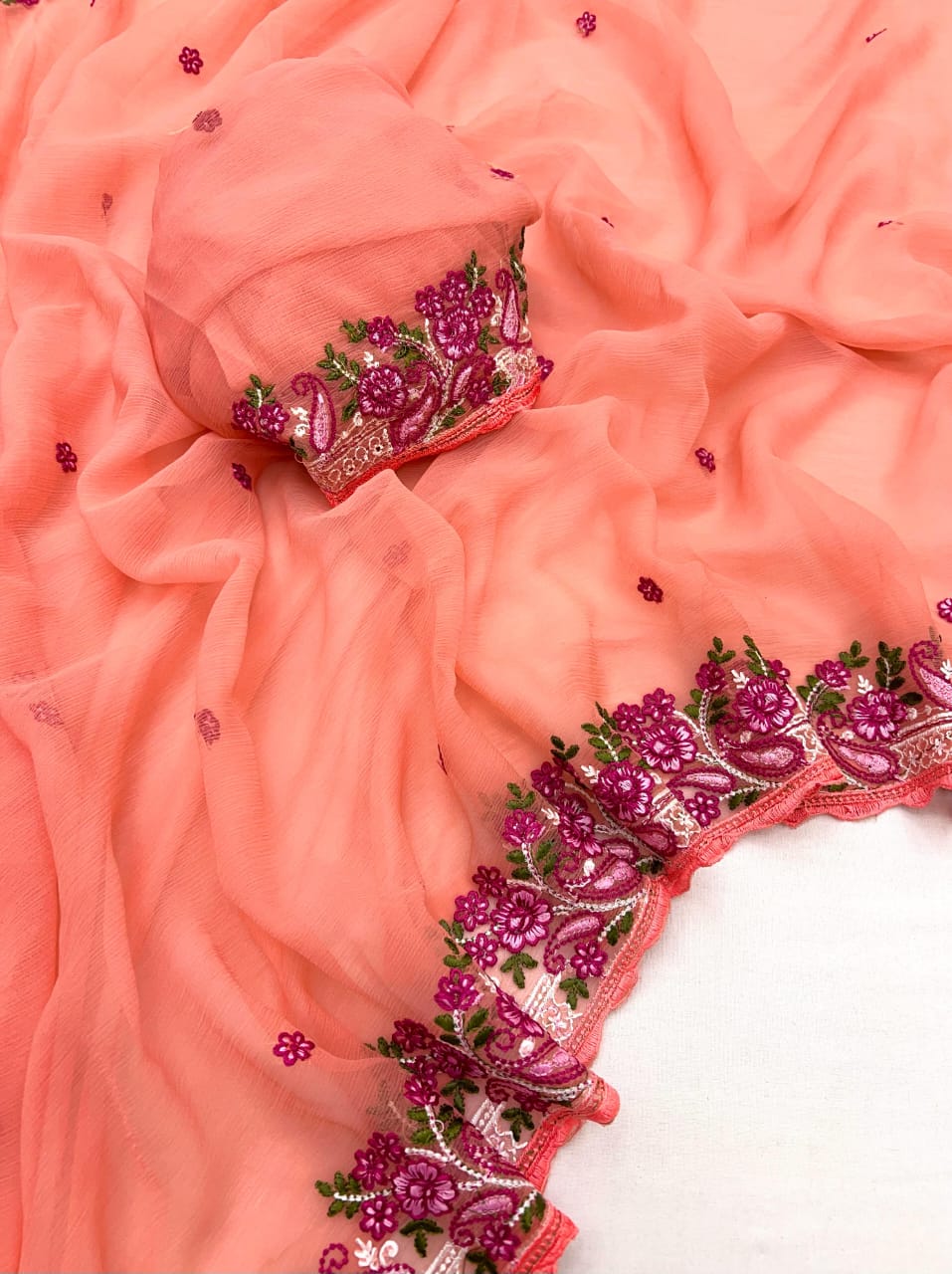 Kayatri New Pure Chiffon Saree with Floral Embroidery & Scallop Border