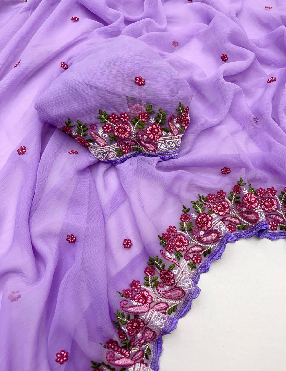 Kayatri New Pure Chiffon Saree with Floral Embroidery & Scallop Border