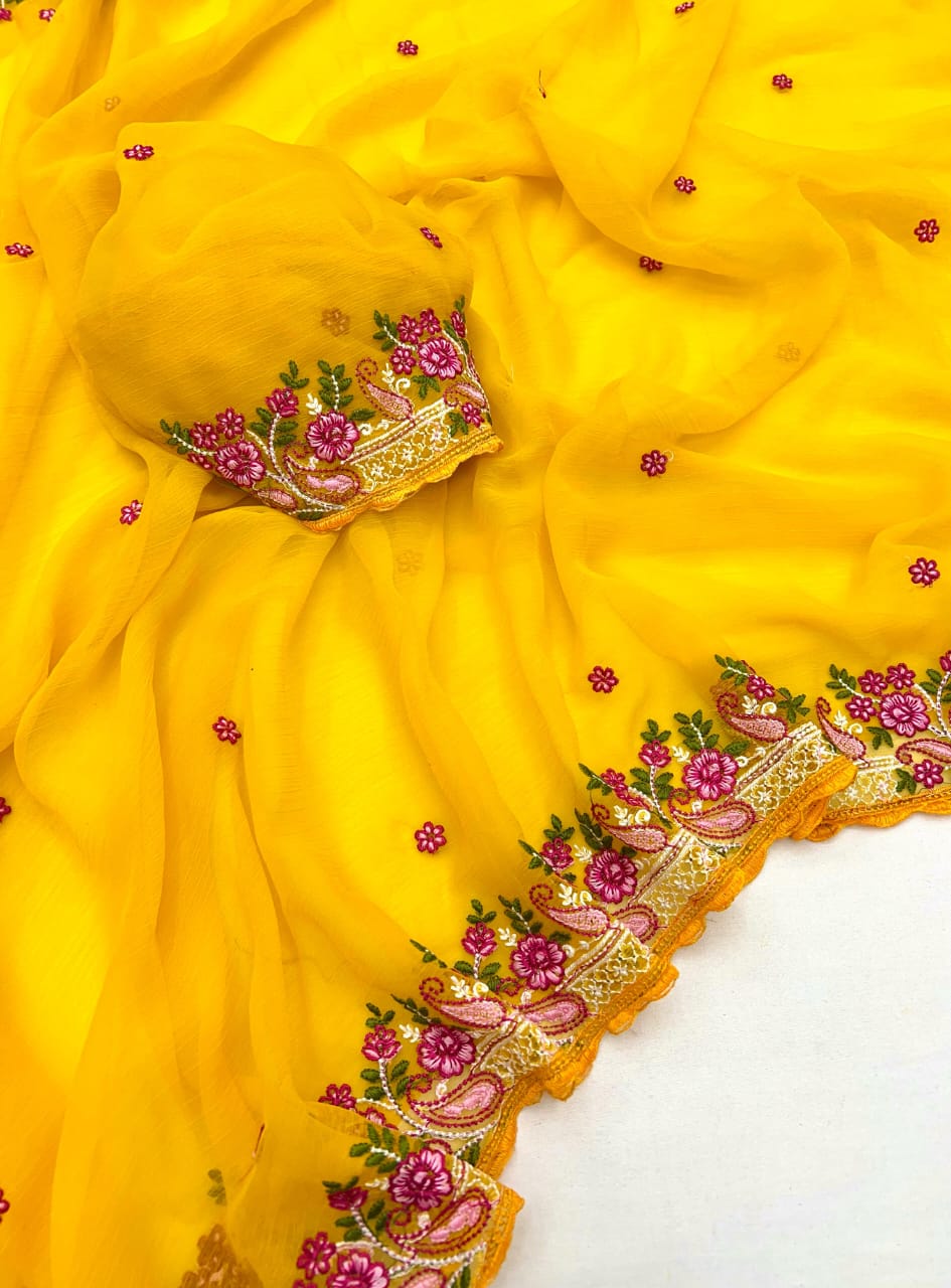 Kayatri New Pure Chiffon Saree with Floral Embroidery & Scallop Border