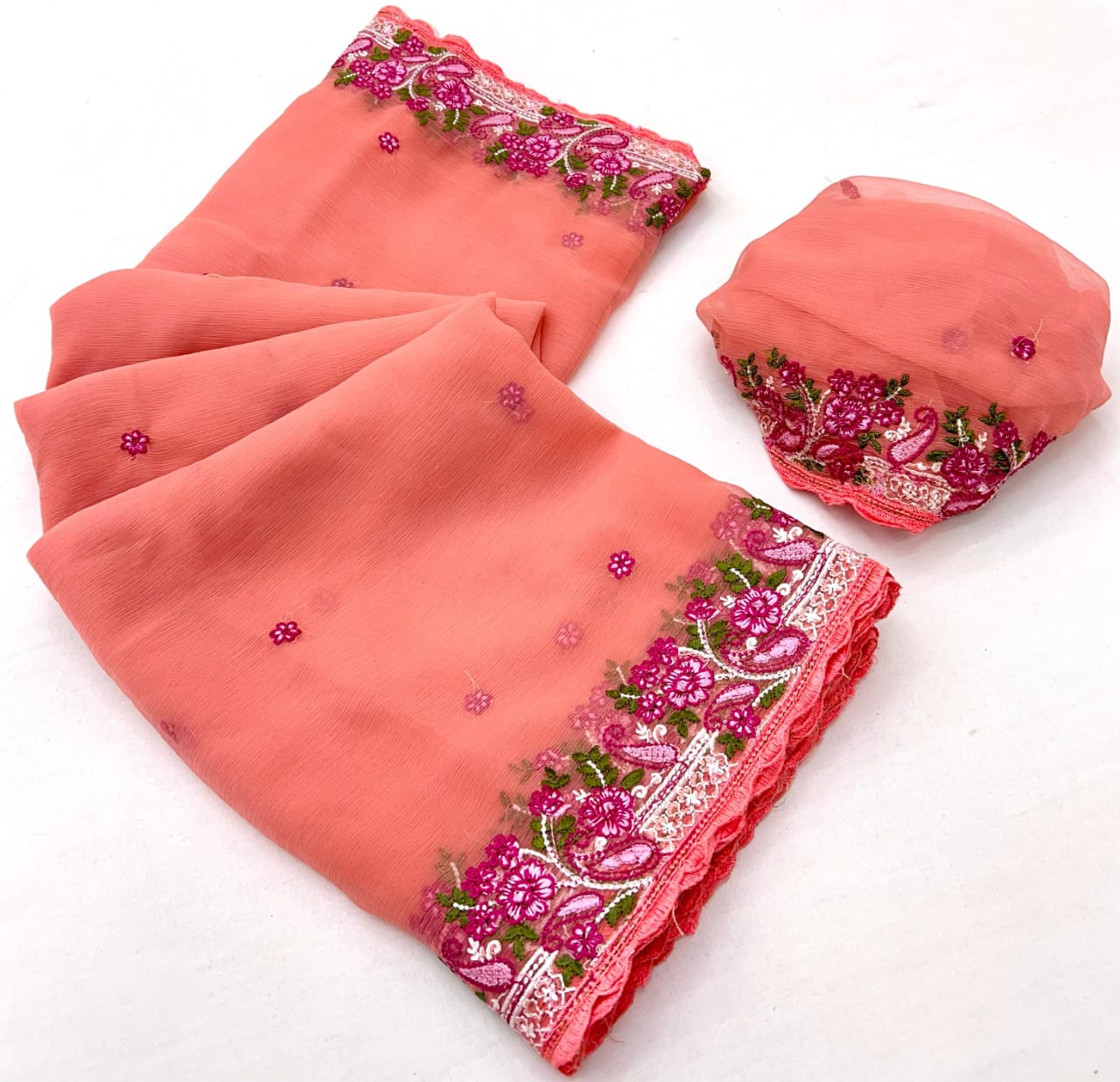 Kayatri New Pure Chiffon Saree with Floral Embroidery & Scallop Border