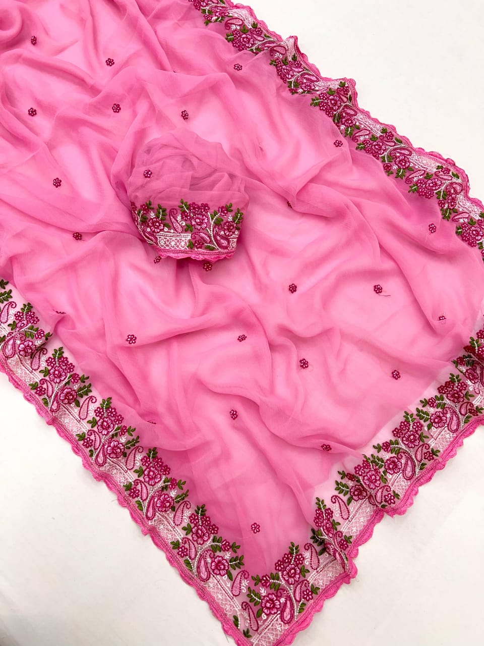 Kayatri New Pure Chiffon Saree with Floral Embroidery & Scallop Border