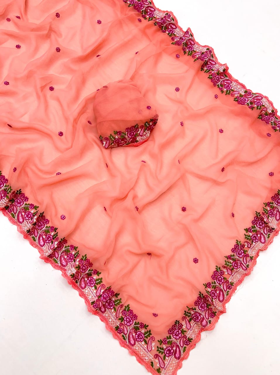 Kayatri New Pure Chiffon Saree with Floral Embroidery & Scallop Border