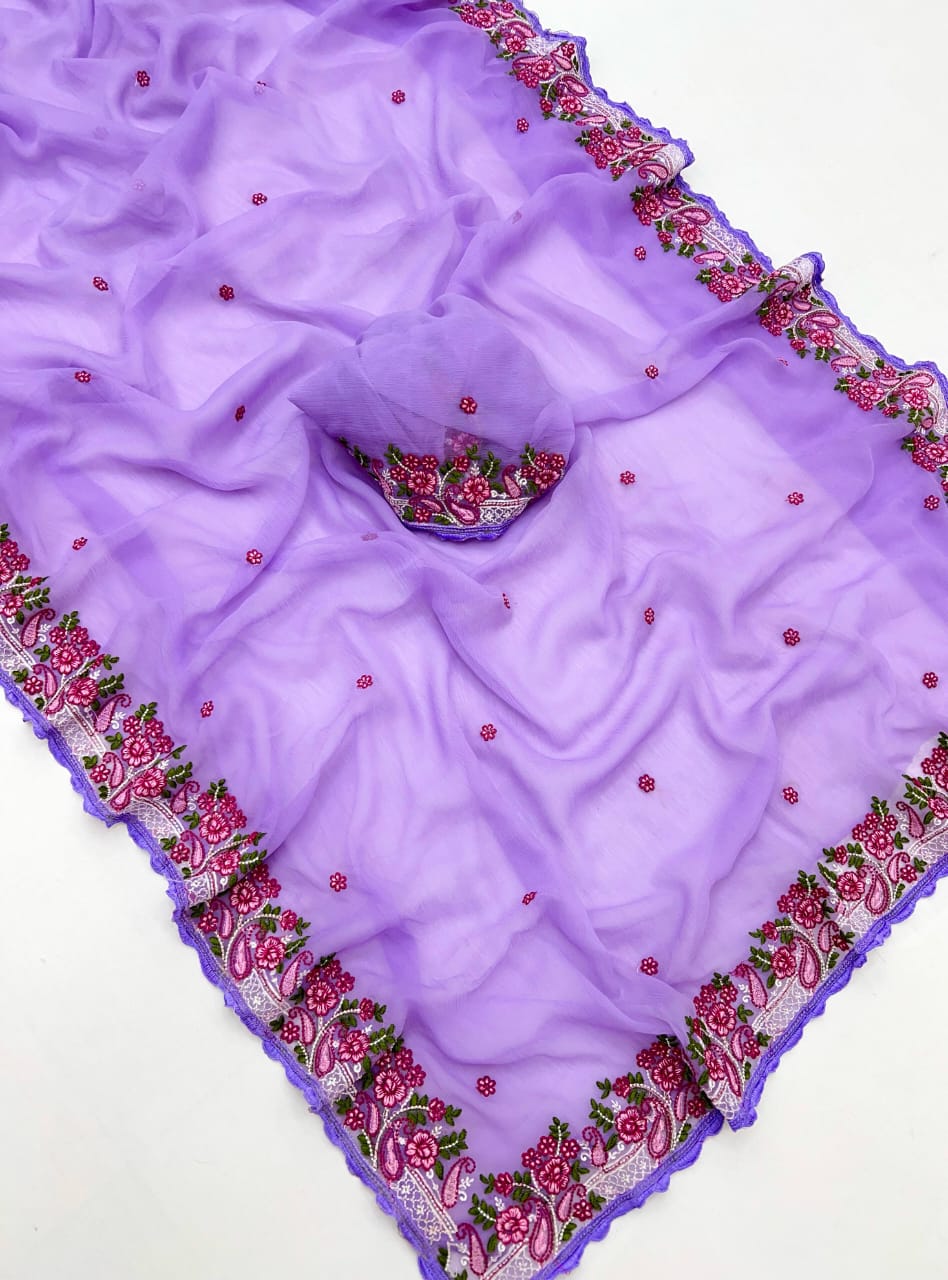 Kayatri New Pure Chiffon Saree with Floral Embroidery & Scallop Border