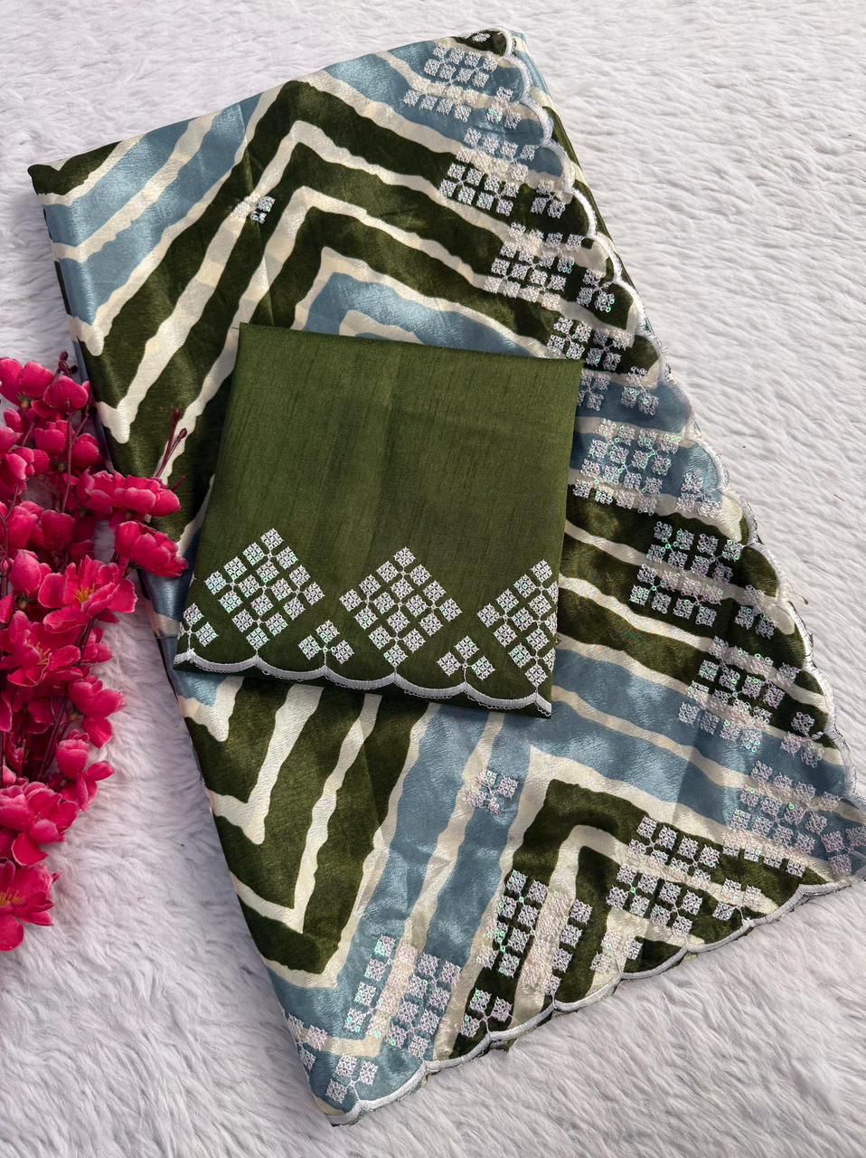 Kayatri New fabrics Chinon lehriya design pattern Heavy thread and sequence work