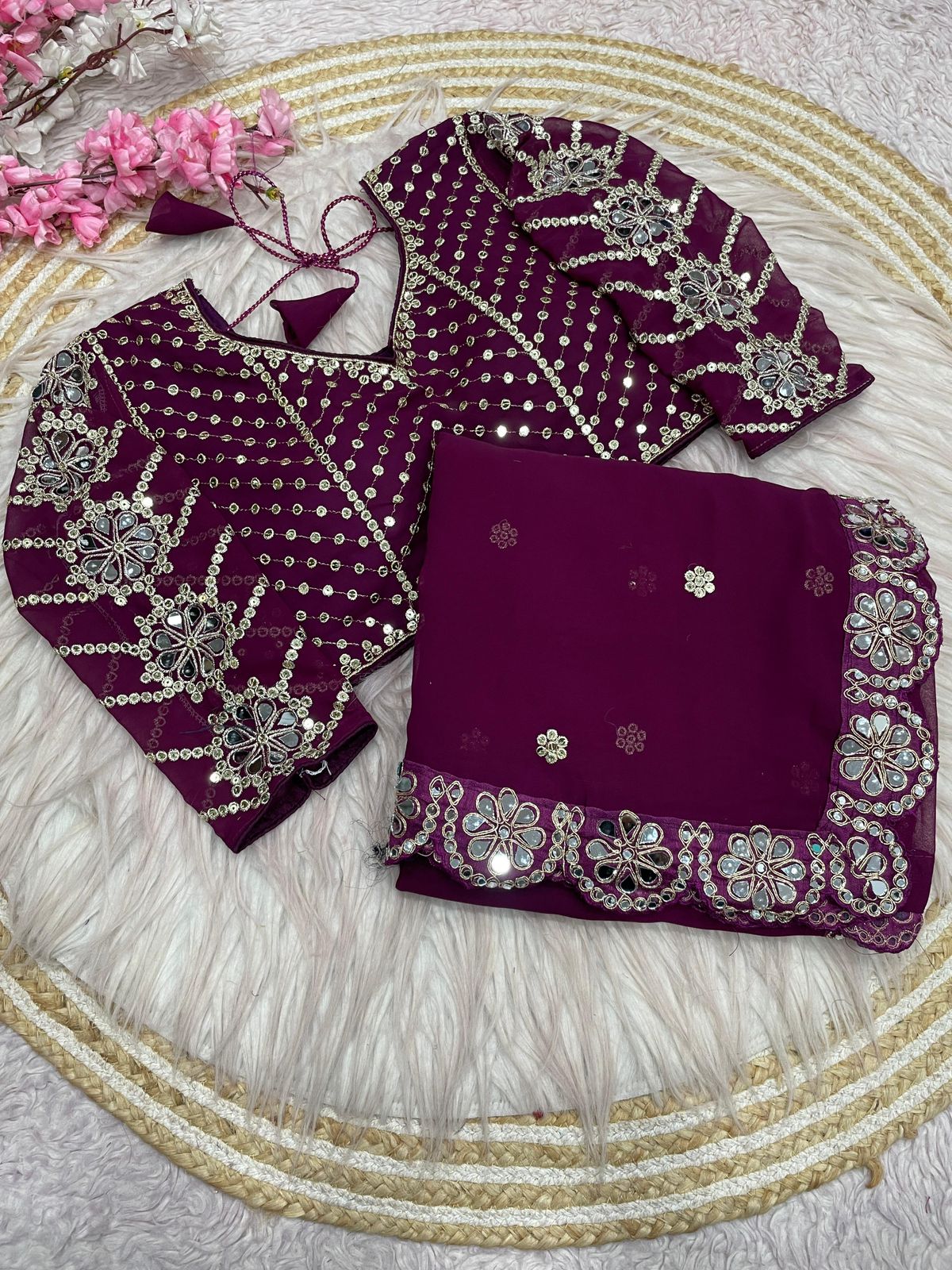 Kayatri New Georgette Saree With Bollywood Mirror Work Embroidered Lace Border