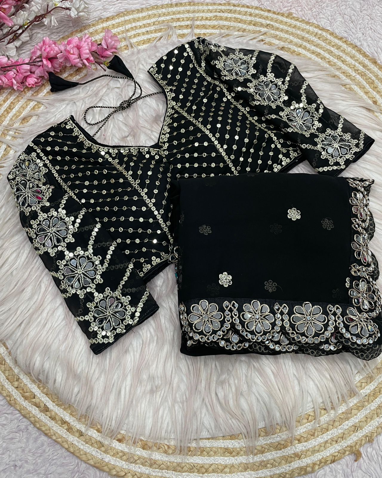 Kayatri New Georgette Saree With Bollywood Mirror Work Embroidered Lace Border