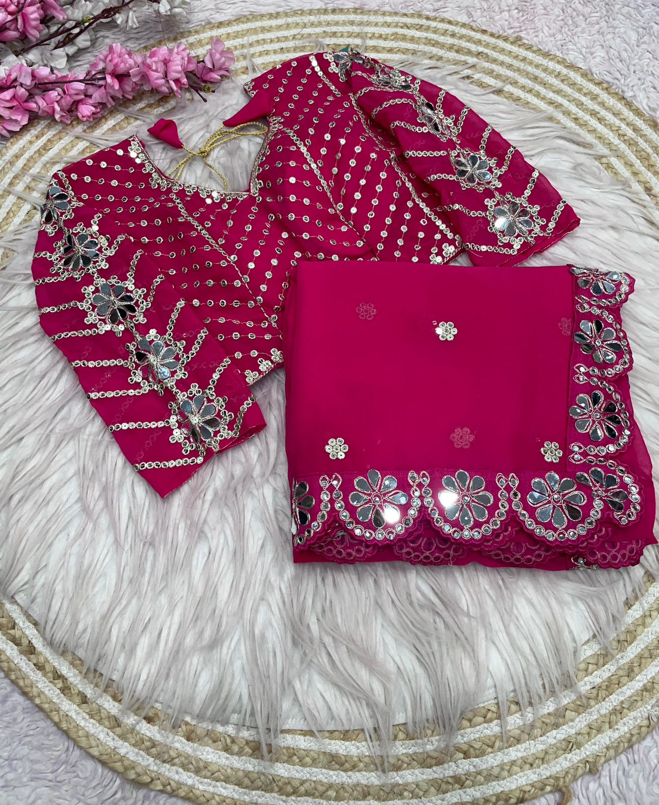 Kayatri New Georgette Saree With Bollywood Mirror Work Embroidered Lace Border