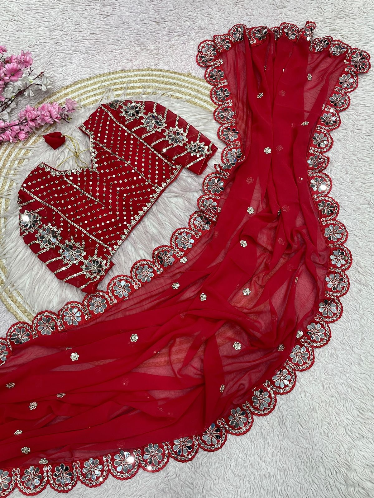 Kayatri New Georgette Saree With Bollywood Mirror Work Embroidered Lace Border