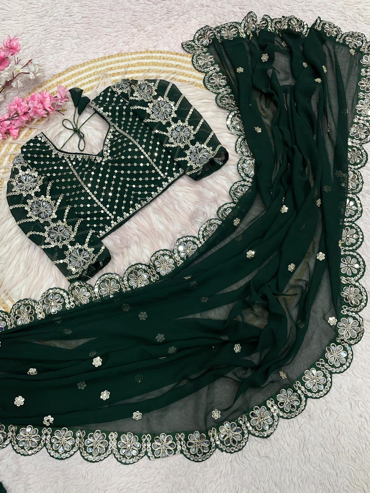 Kayatri New Georgette Saree With Bollywood Mirror Work Embroidered Lace Border