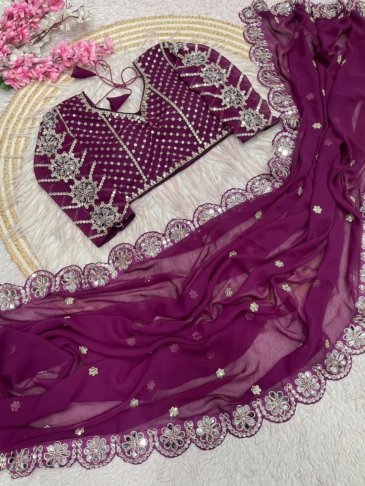 Kayatri New Georgette Saree With Bollywood Mirror Work Embroidered Lace Border