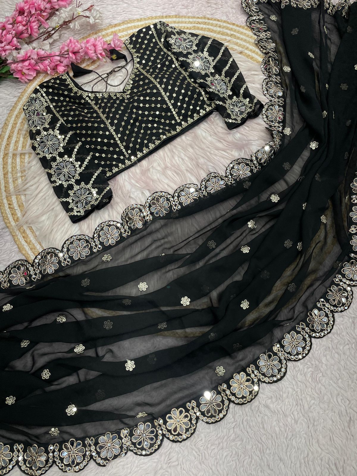 Kayatri New Georgette Saree With Bollywood Mirror Work Embroidered Lace Border