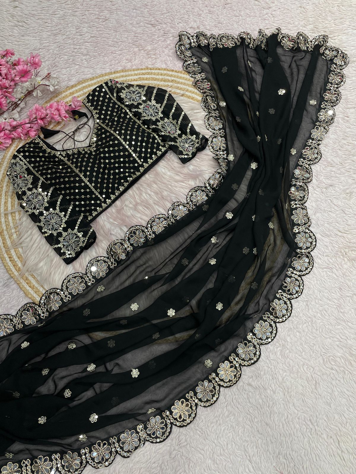 Kayatri New Georgette Saree With Bollywood Mirror Work Embroidered Lace Border