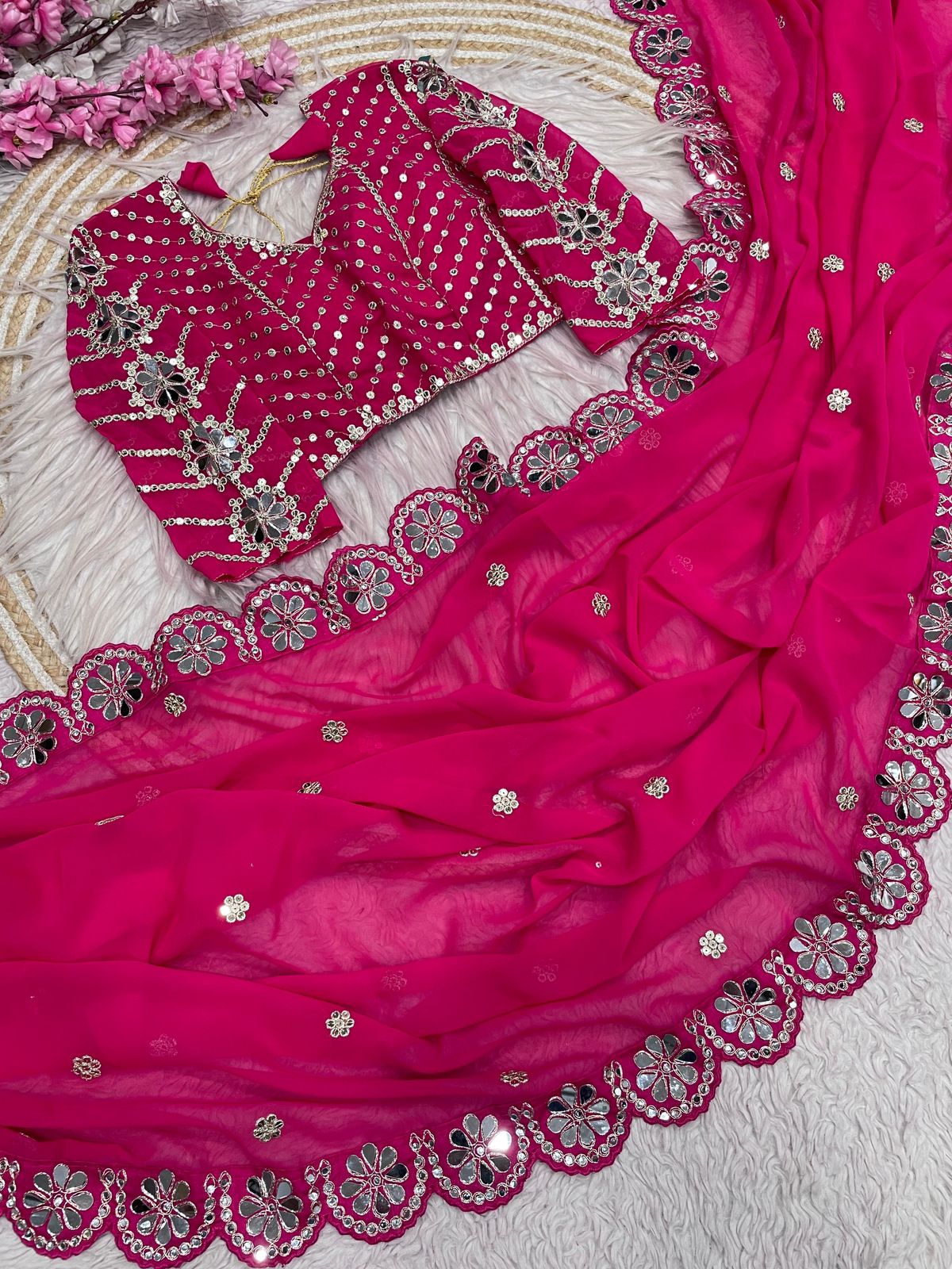 Kayatri New Georgette Saree With Bollywood Mirror Work Embroidered Lace Border