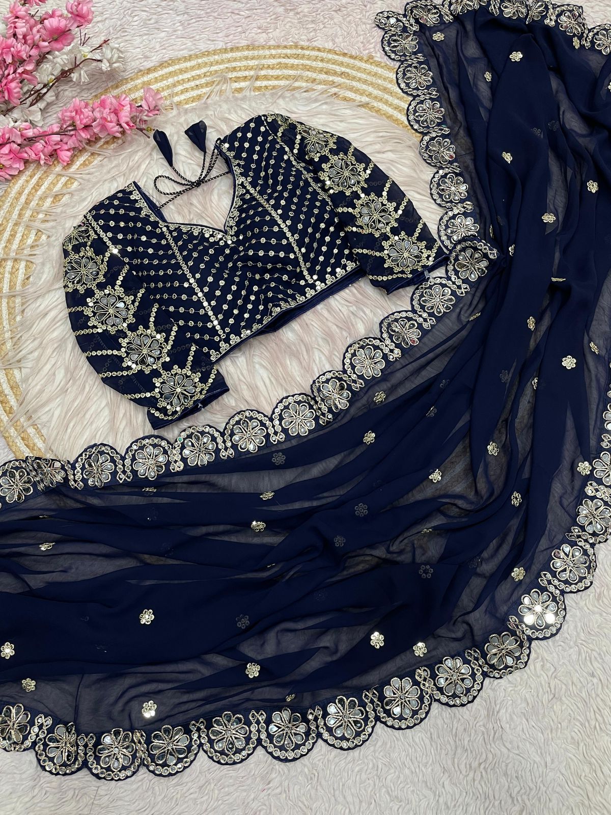 Kayatri New Georgette Saree With Bollywood Mirror Work Embroidered Lace Border