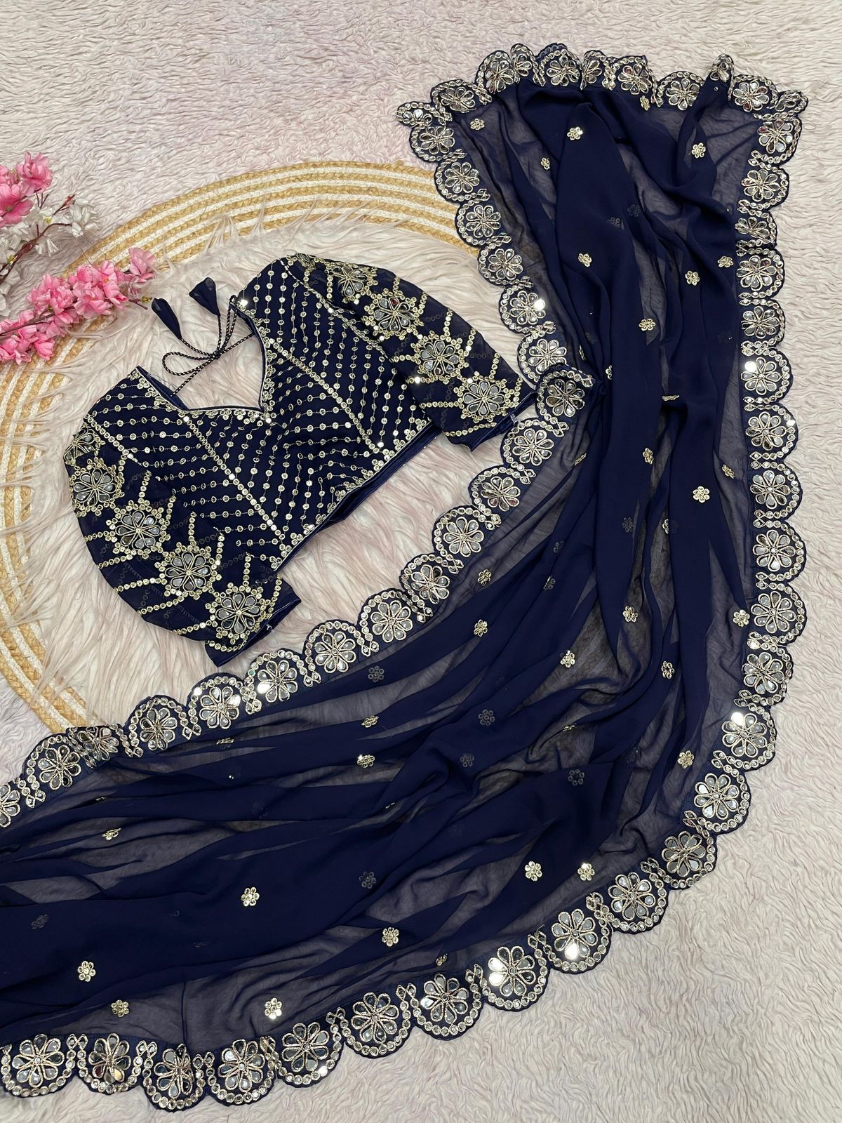 Kayatri New Georgette Saree With Bollywood Mirror Work Embroidered Lace Border