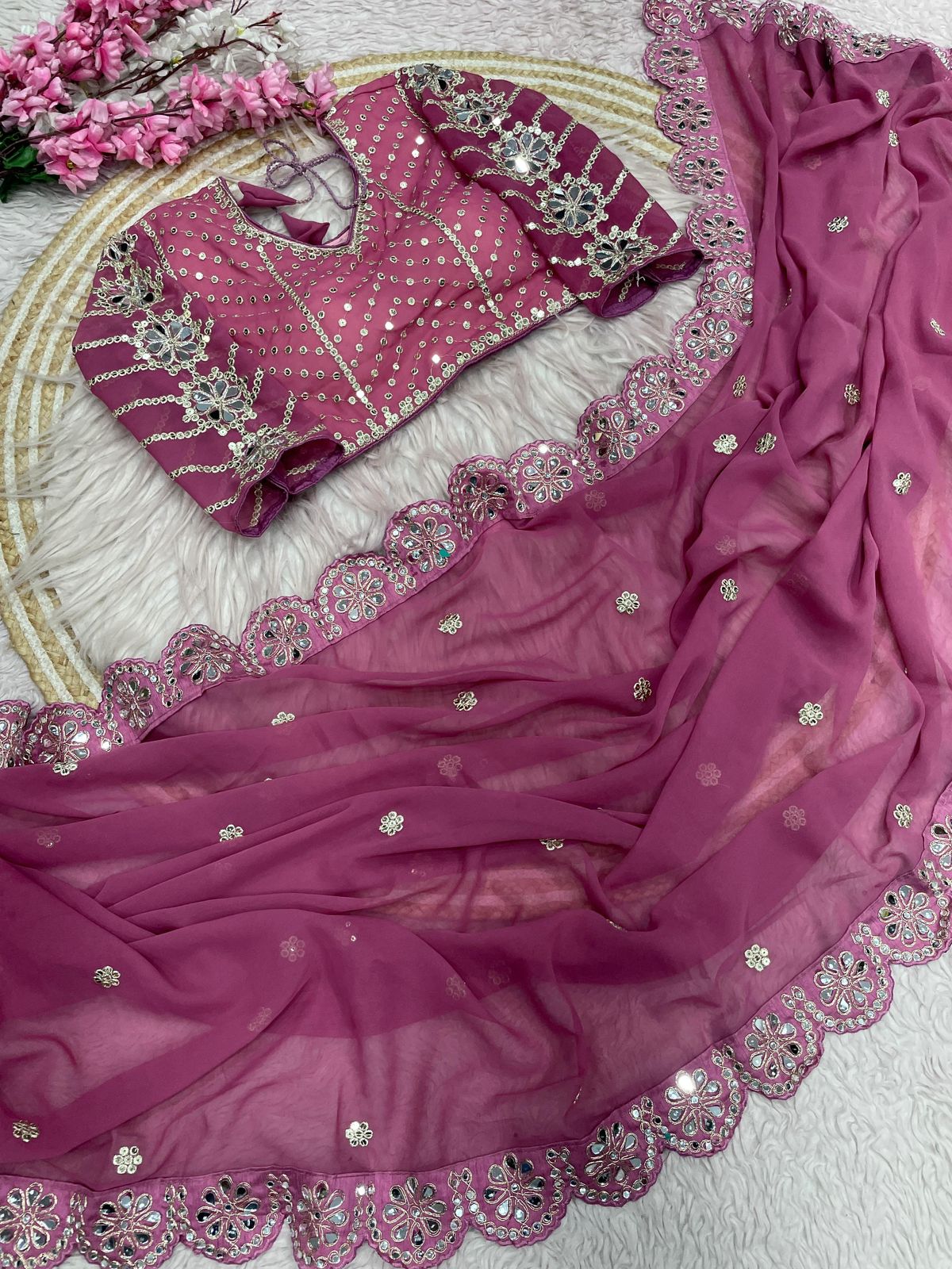 Kayatri New Georgette Saree With Bollywood Mirror Work Embroidered Lace Border