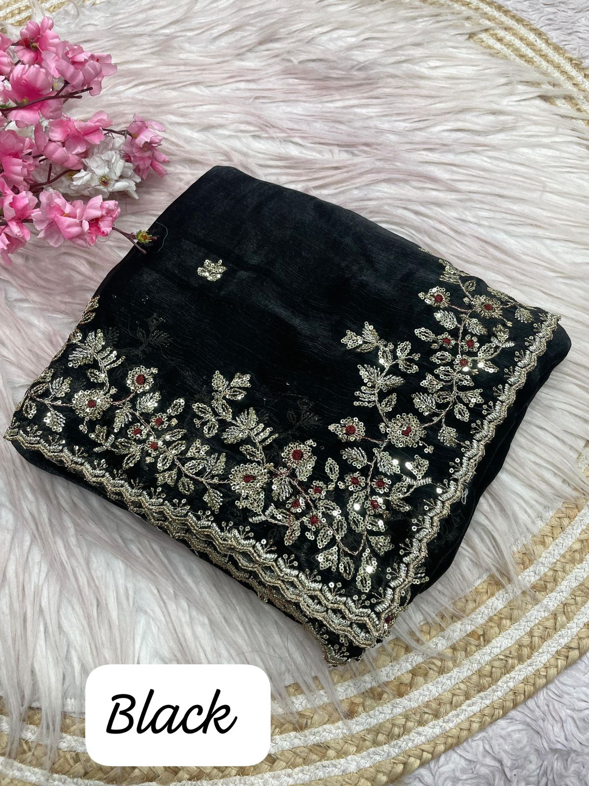 Kayatri New Fendy  Chiffon Coding embroidery work with  Sequence Butti in  Body Parts Saree