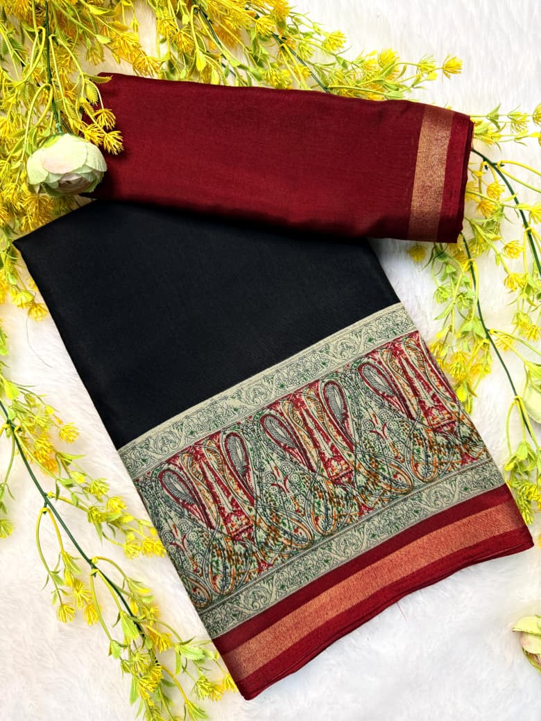 Kayatri New Pure soft black Maheshwari Silk Two tone printed saree