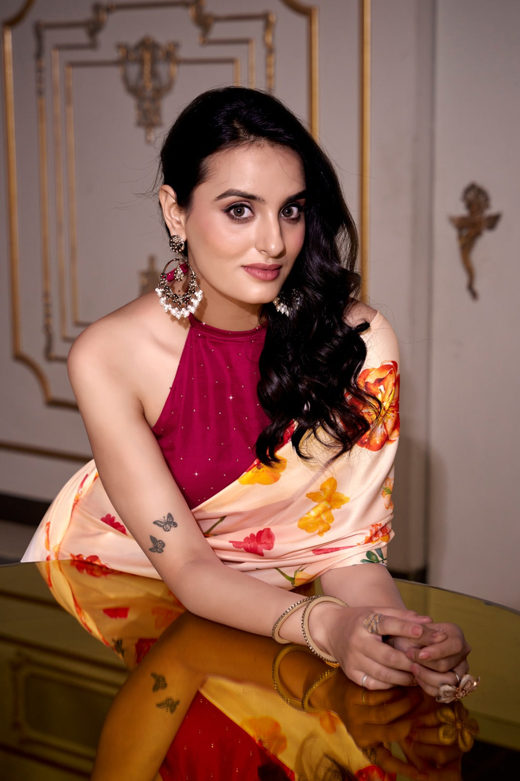 Kayatri New Elegant Satin Silk Printed Saree with Moonga Silk Hotfix Blouse