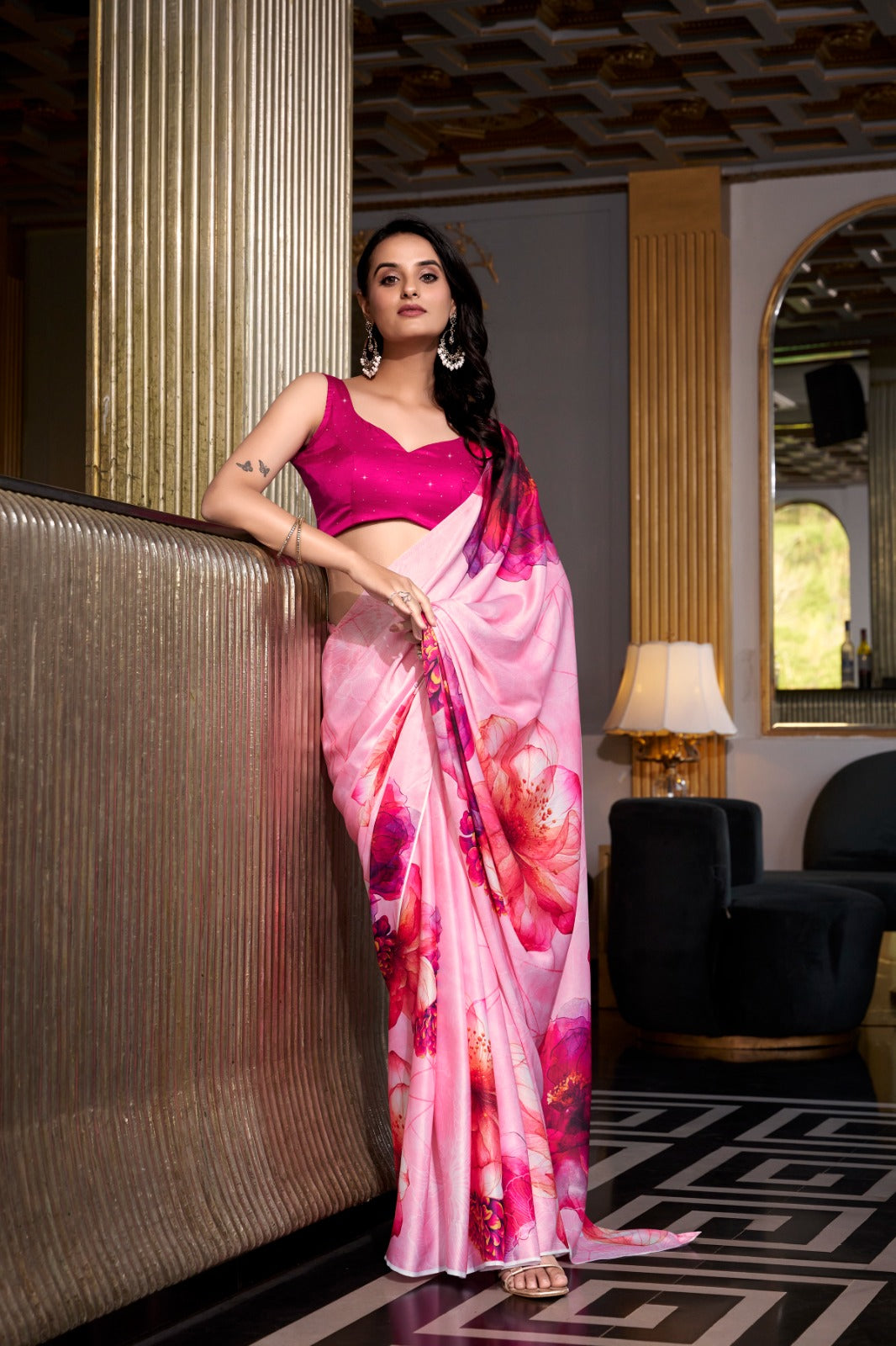 Kayatri New Elegant Satin Silk Printed Saree with Moonga Silk Hotfix Blouse