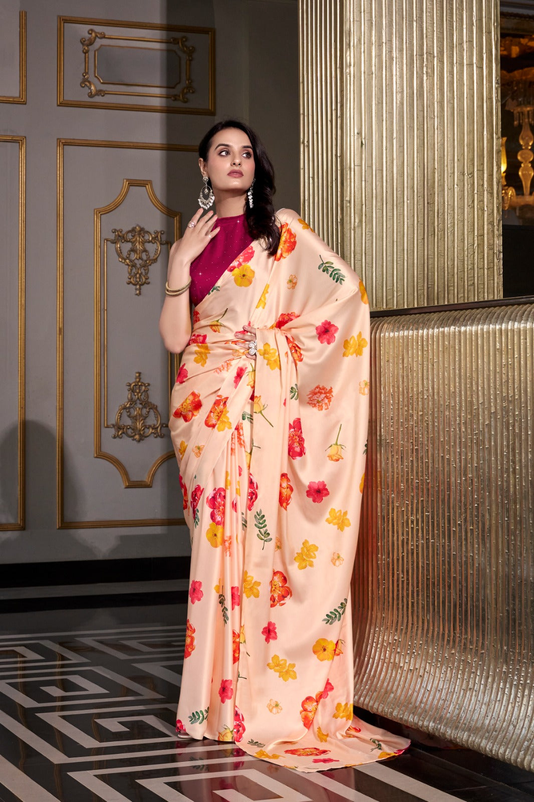 Kayatri New Elegant Satin Silk Printed Saree with Moonga Silk Hotfix Blouse