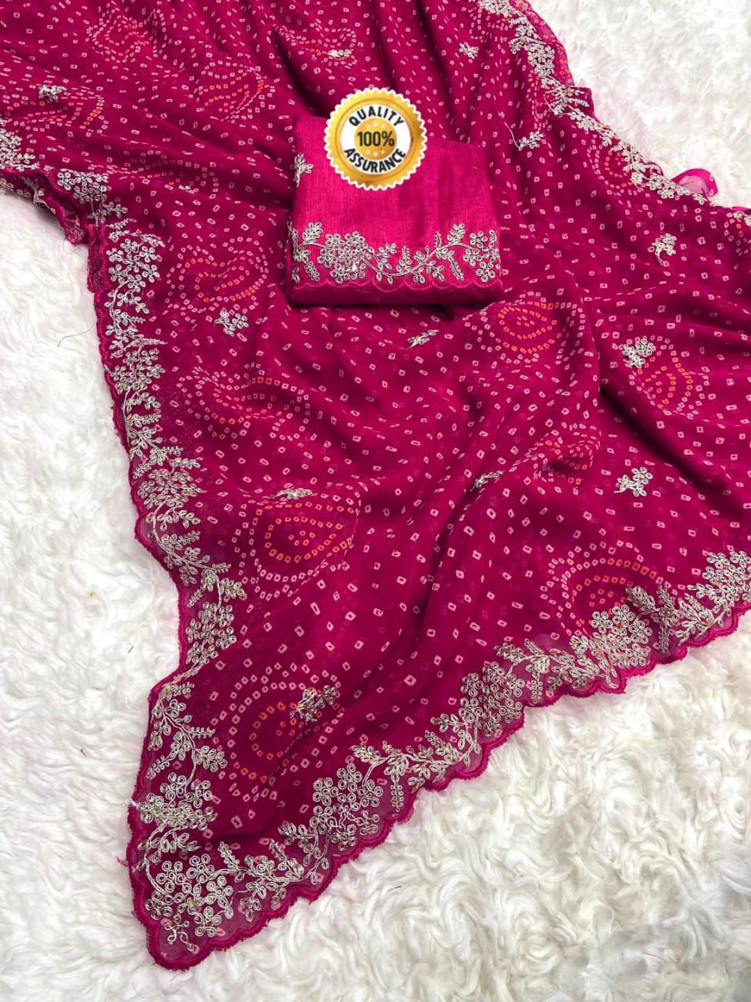 Kayatri New Soft Georgette Bandhani Print Saree with Pitha Work Embroidery & Mono Banglori Blouse