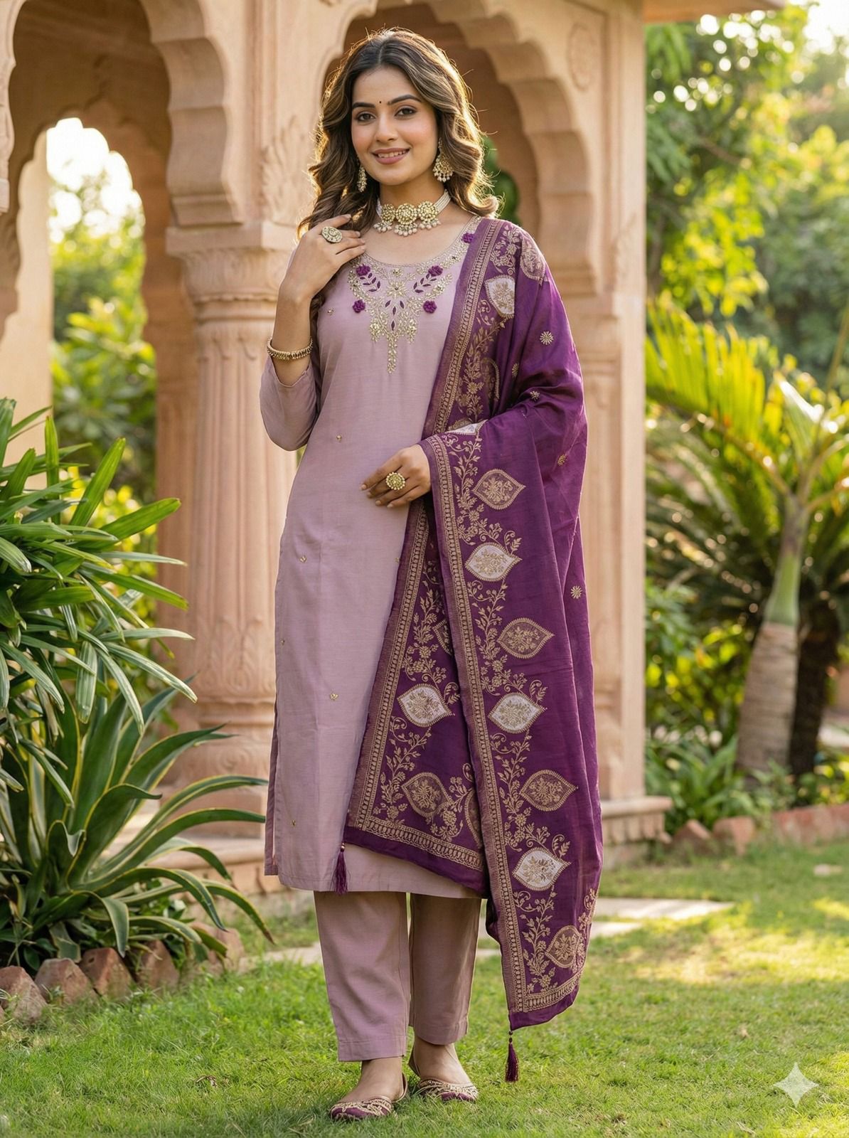 Kayatri New Luxury Roman Silk Top–Bottom with Hand-Dyed Banarasi Dupatta