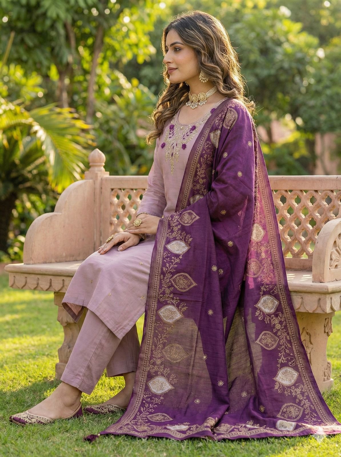 Kayatri New Luxury Roman Silk Top–Bottom with Hand-Dyed Banarasi Dupatta