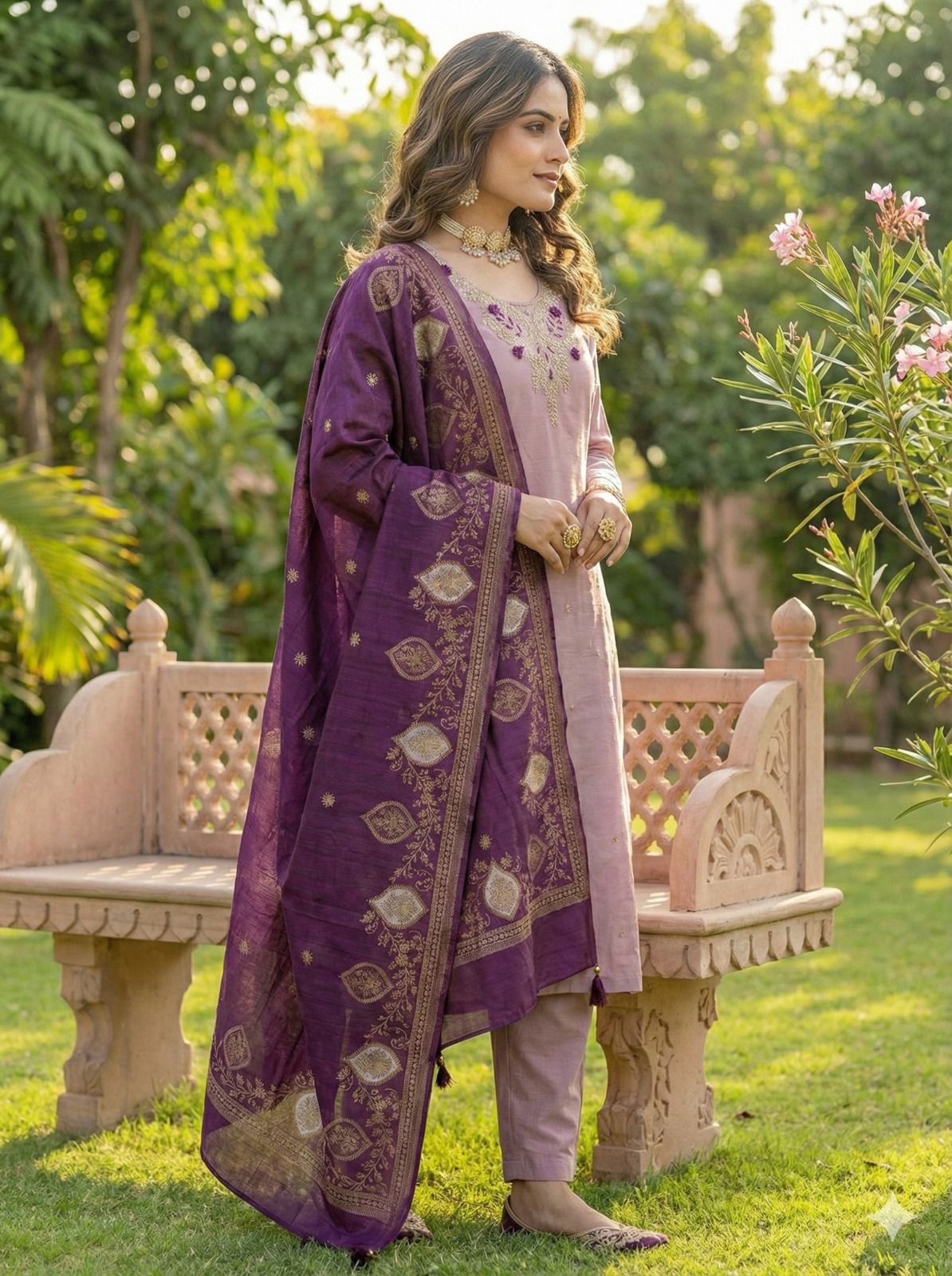 Kayatri New Luxury Roman Silk Top–Bottom with Hand-Dyed Banarasi Dupatta