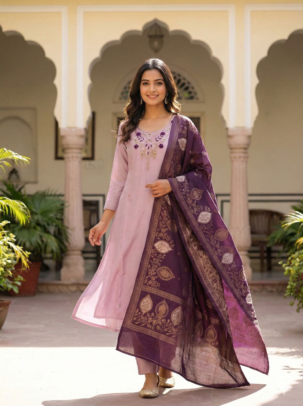 Kayatri New Luxury Roman Silk Top–Bottom with Hand-Dyed Banarasi Dupatta