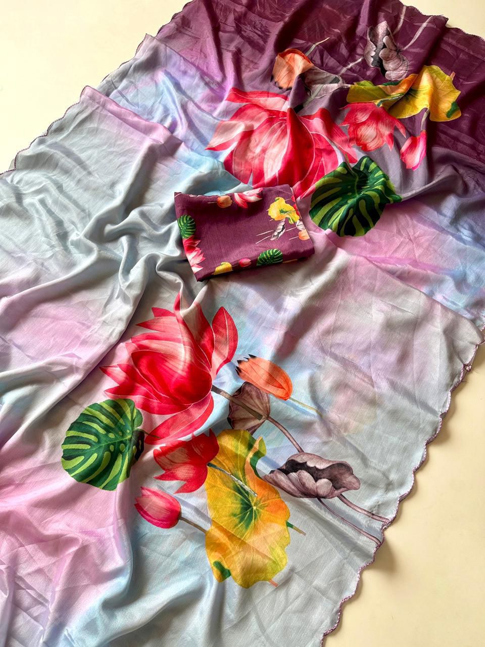 Kayatri New Designer Chinon Floral Print Saree with Contrast Blouse